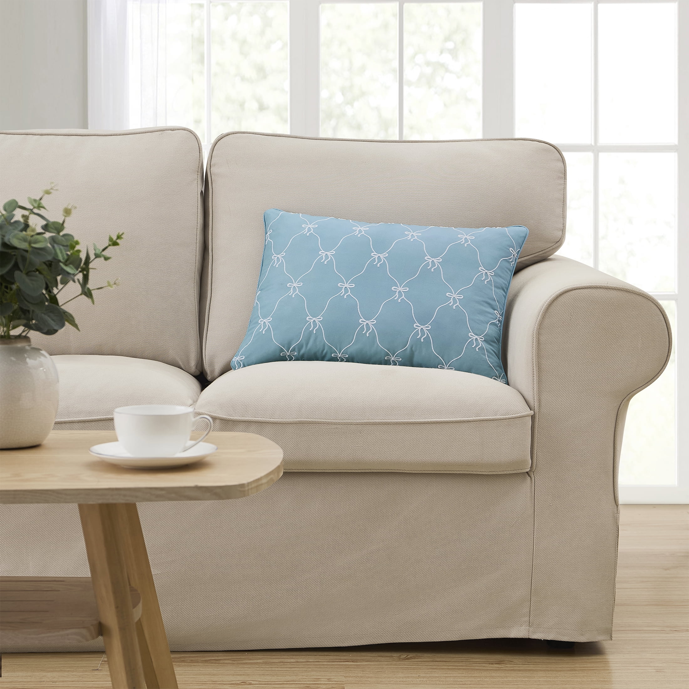 Home Decor Collection 14" x 20" Blue Bow Embroidered Decorative Pillow