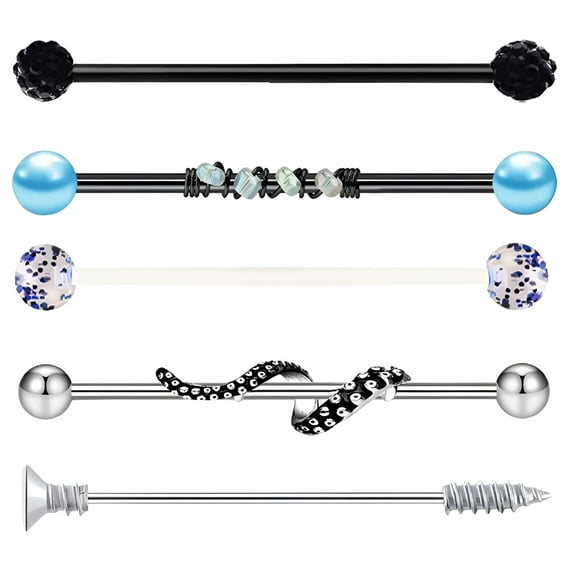 DESIGNICE 5 Pieces Industrial Barbell Earrings,Industrial Piercing Bar,38mm Body Piercing Jewelry,Industrial Piercing Jewelry