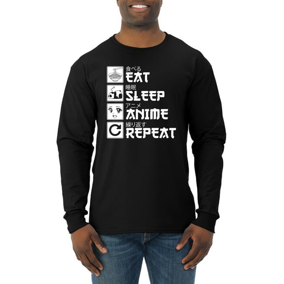 Wild Bobby, Eat Sleep Anime Repeat, Anime, Men Long Sleeve Shirt, Black, Small