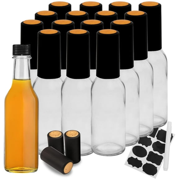 Hot Sauce Bottles with Black Caps, 16 pack 5oz empty glass bottles,woozy bottle 5 oz