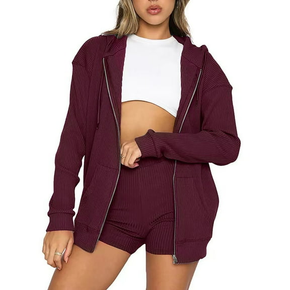 Winter Save Big! Kiplyki Women's Gym Sport Suit Solid Color Zipper Cardigan Long Sleeve Hooded Sweater Shorts Set