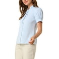 thumbnail image 4 of INSPIRE CHIC Women's Tie Neck Short Sleeve Shirt Puff Sleeve Button Front Lace Inset Stand Collar Blouse XS Light blue, 4 of 6