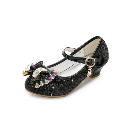 

Ferndule Girl s Mary Jane Sandals Bow Dress Shoes Sparkling Princess Shoe Casual Glitter School Low Heel Lightweight Black 10C