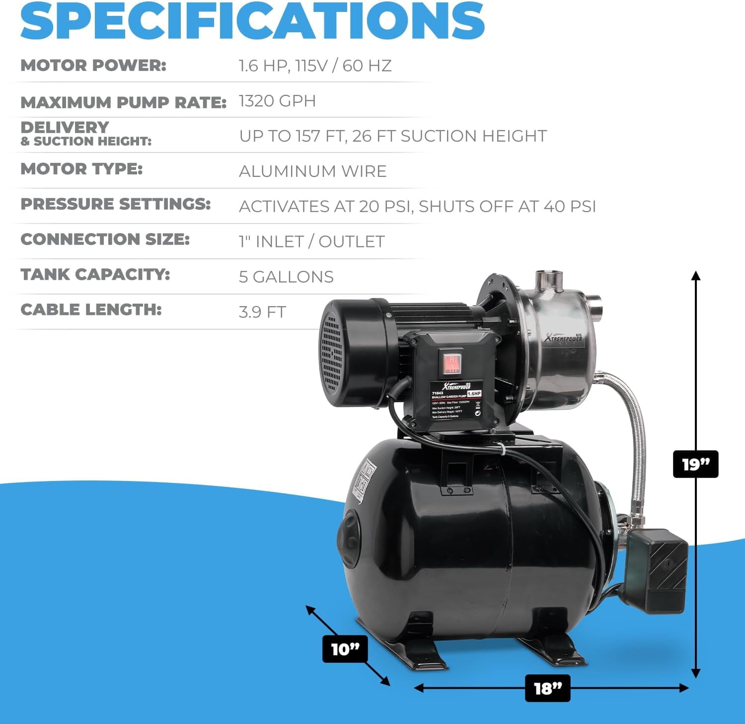 XtremepowerUS 1.6HP Shallow Well Pump With Pressure Tank, 1320 GPH 120V Irrigation Pump, Automatic Water Booster Jet Pump For Home, Garden, Lawn