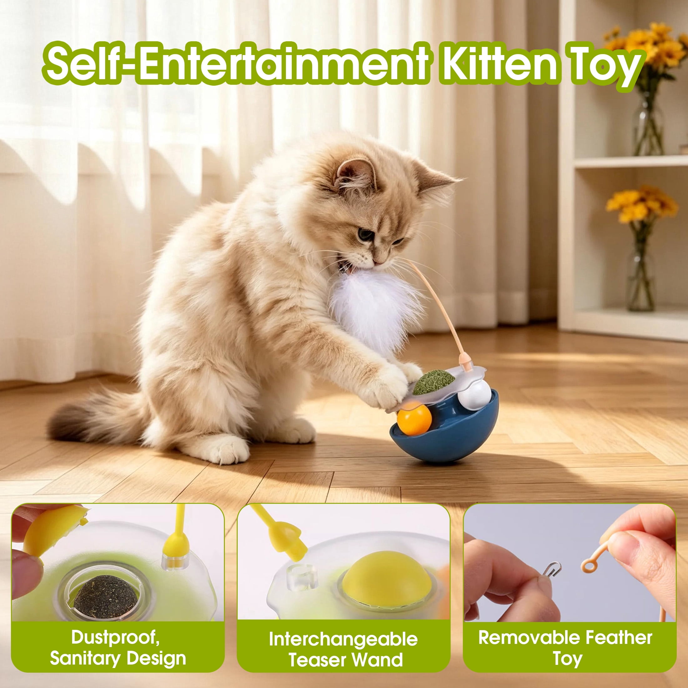 3 in 1 Interactive Cat Toy, Feather Wand Cat Teaser Toy with Bell, Cat Track Ball & Catnip Ball Combo, Self Play Wobble Kitten Toy for Indoor Cats