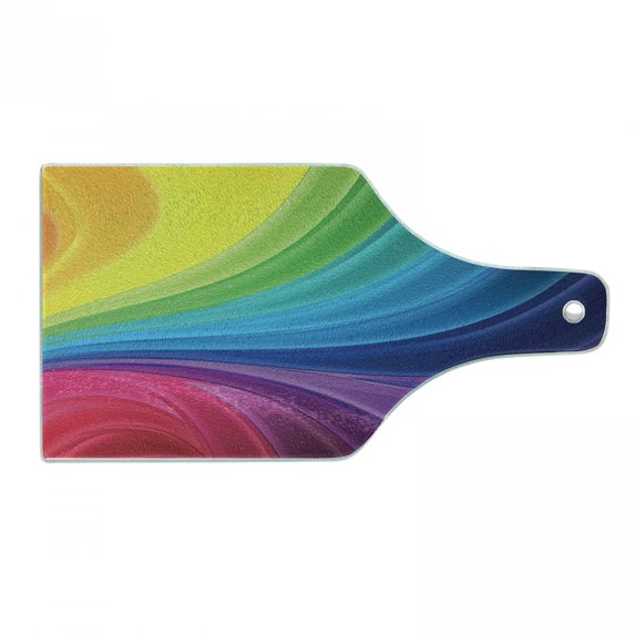 Abstract Cutting Board, Abstract Smooth Rainbow Inspired Curvy Lines Pattern Spiral Wavy Soft Spray Art, Tempered Glass Cutting and Serving Board, Wine Bottle Shape, Multicolor, by Ambesonne