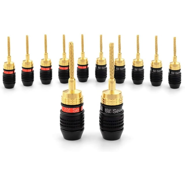 Sewell Deadbolt Flex Pin Banana Plugs for Spring Loaded Speaker Terminals, 6 Pairs Gold Plated Plugs