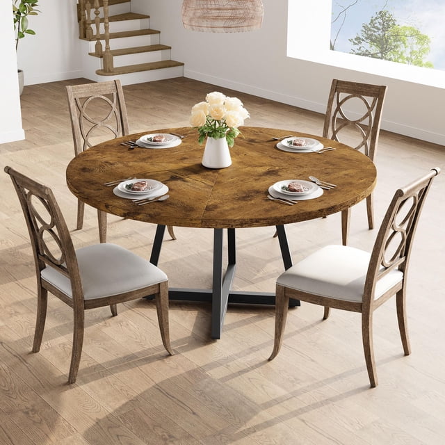 QinaQin 47-Inch Round Dining Table, Seating 4, Farmhouse Style Kitchen Table, Modern Dining Table with Metal Legs, Suitable for Small Kitchen and Dining Spaces (Chairs Not Included)