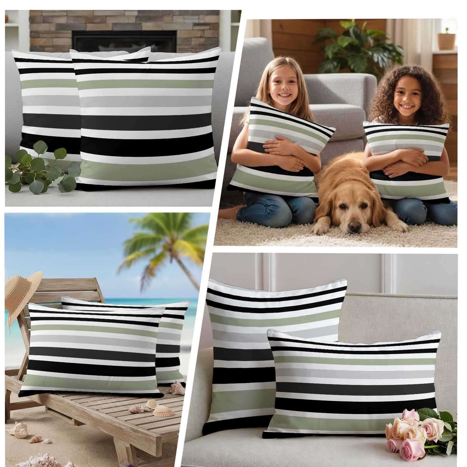 Sage Green Black Stripe Outdoor Waterproof Pillow Covers, Modern Abstract Coarse Striped Decorative Square Throw Pillowcase Sofa Cushion Sham for Patio/Couch/Chair, 24"x24" 2 Pack