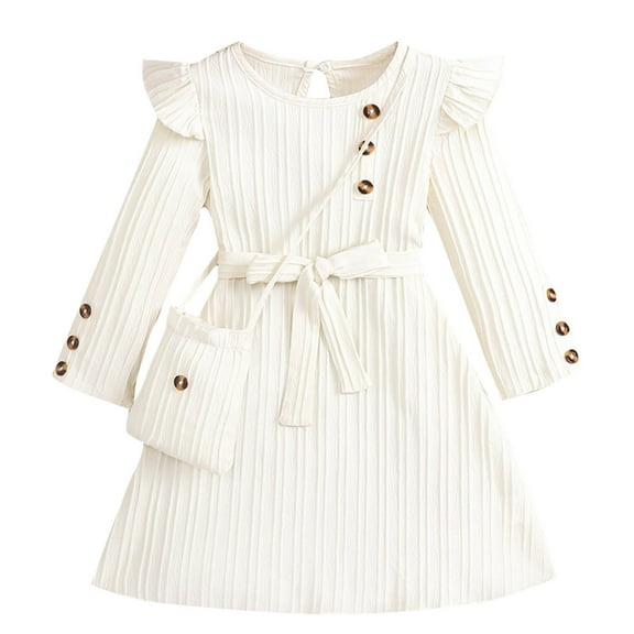 Girls Dress Toddler Girl Sweater Dresses Ruffle Long Sleeve Button Knitted Dresses Kids Fall Casual Cute Clothes Age 2 3 4 5-6 6-7 Years Beige 5-6 Years