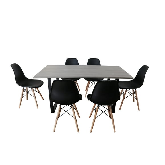 CASA FERRO Mesa de comedor 6 personas , superficie de MDF tipo nogal - Blanco y MDF color Nogal. (CON 6 SILLAS EAMES NEGRAS) CASA FERRO Mesa de Comedor estilo Industrial