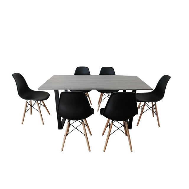 CASA FERRO Mesa de comedor 6 personas , superficie de MDF tipo nogal - Blanco y MDF color Nogal. (CON 6 SILLAS EAMES NEGRAS) CASA FERRO Mesa de Comedor estilo Industrial