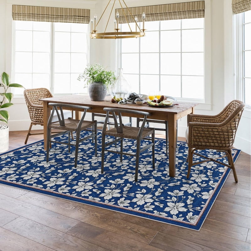 8'x10' Area Rugs Boho Floral Bedroom Washable Low Pile Non Slip Indoor Carpet for Nursery Playroom Living Room Blue