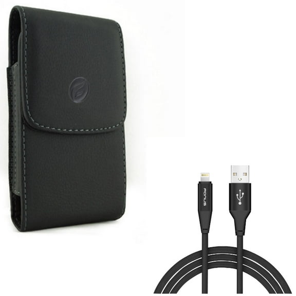 Charger Cord 10ft USB Cable w Leather Case Belt Clip for iPhone XS X 8 7 6S 6 - Power Wire Braided Long Sync Fast Charge, Holster Cover Pouch Vertical Carry Protective