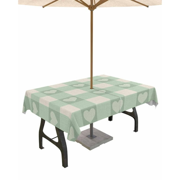 Fsddascl Green Plaid Outdoor Tablecloth - 60x120 Inch Rectangle Dining Table Cover, Country Cute Love Pastoral Heart Lattice Waterproof Outdoor Table Cloth with Umbrella Hole & Zipper for Patio