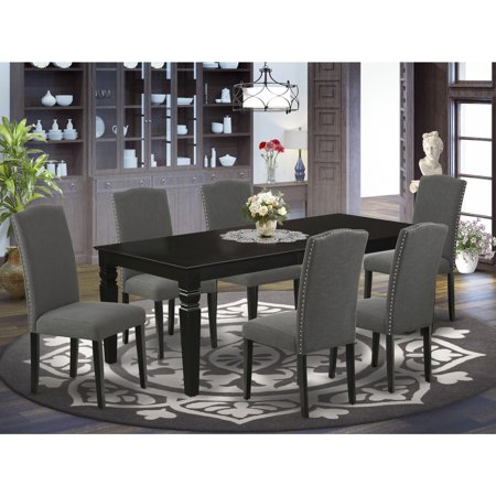HomeStock Contemporary Cool 7Pc Rectangular 42/60 Dinette Table With 18 In Leaf And 6 Parson Chair With Black Leg And Linen Fabric Dark Gotham Grey