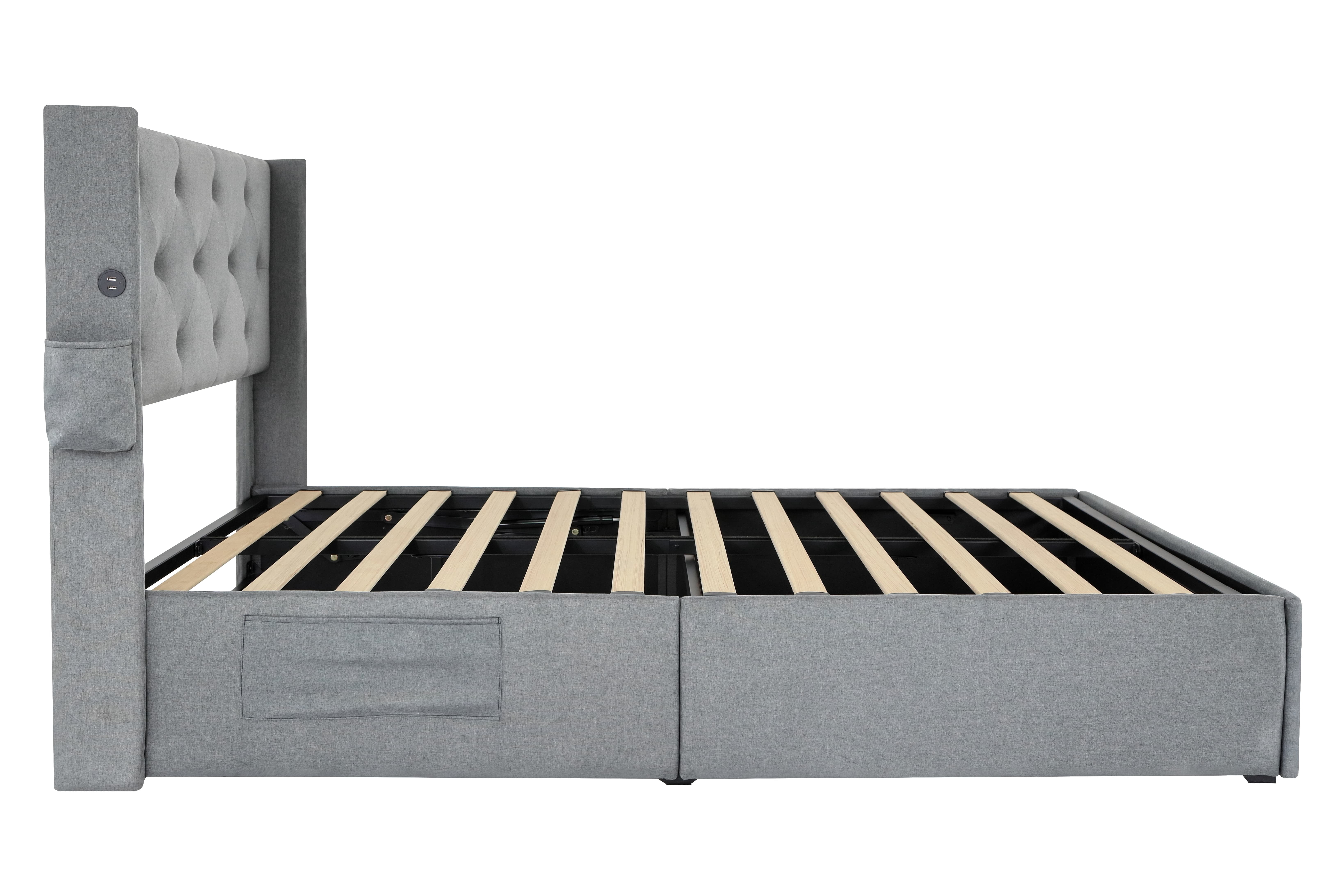 Euroco Full Size Platfrom Bed with Lift Up Storage and Wingback Headboard, USP Ports, Light Grey