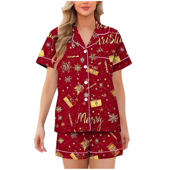 asdoklhq Christmas Pajamas Women Casual Turndown Button Print Short Sleeve Blouse and Short Pants Set Wine L