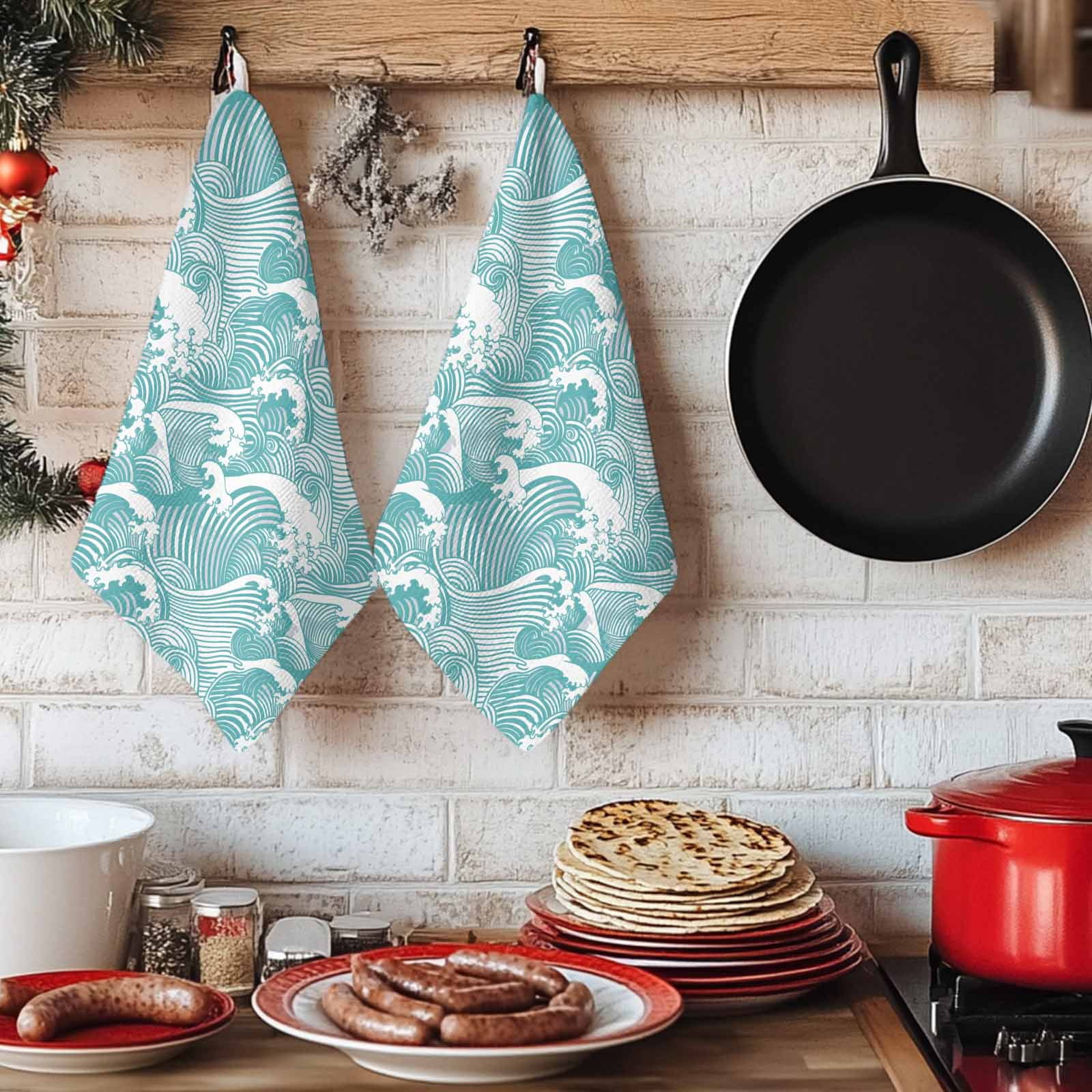 Dish Towels, Turquoise Waves Absorbent Kitchen Towels 2 PCS, Ocean Lines Stripes Microfiber Hand Towels Dish Cloths Tea Towels for Home&nbsp;Bathroom Cleaning Drying,18X28-Inch,