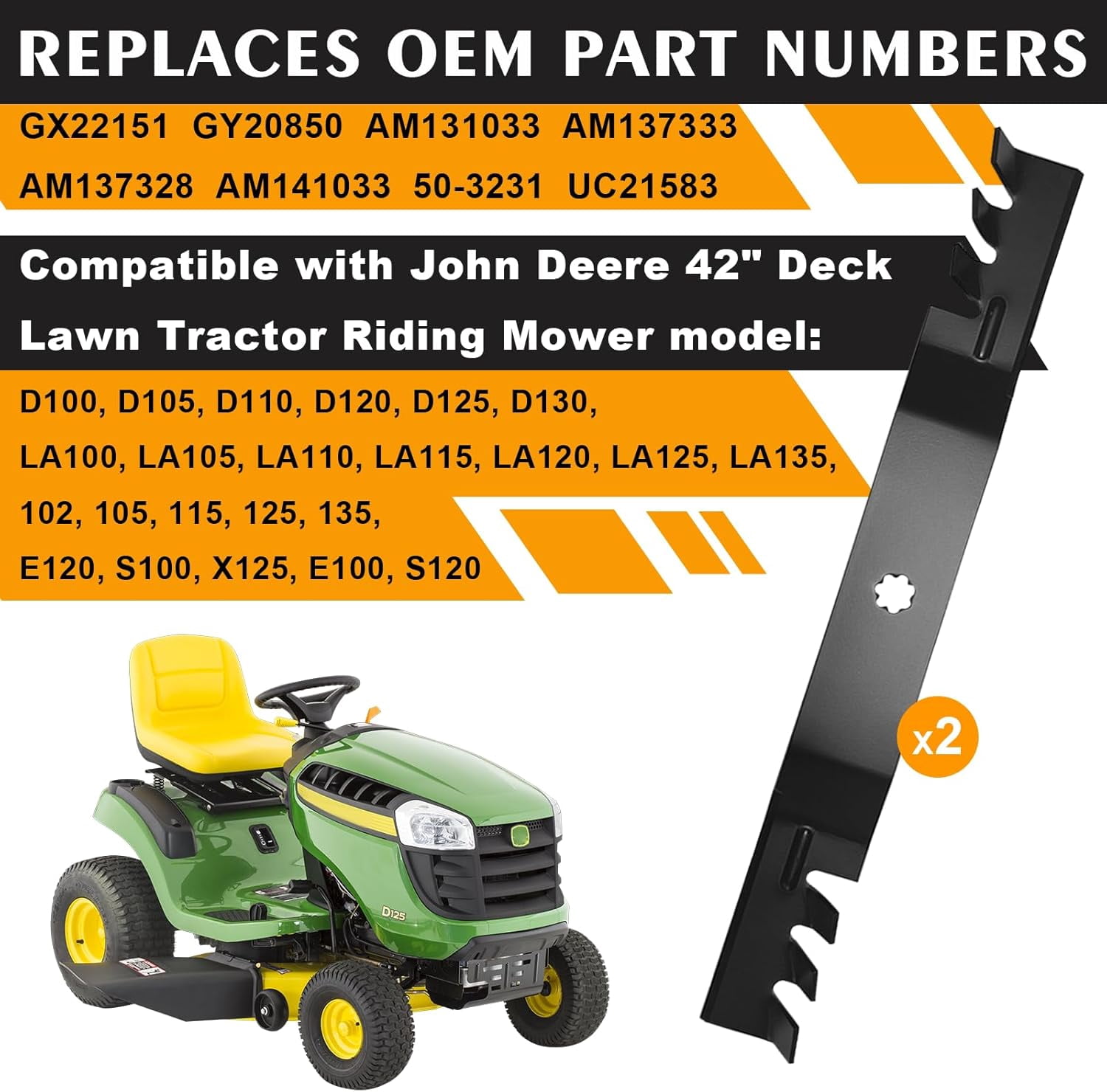 GX22151 GY20850 Gator Mulching Blades Compatible with John Dee re 42 Inch Deck D100 D110 D125 S100 S130 S240 LA100 LA105 LA120 LA135 E100 E120 Lawn Tractor Riding Mower,Toothed Mulching Blade, 2 PACK