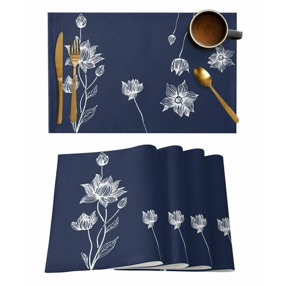 Placemats Set of 8, Navy Blue White Floral Woven Placemat, Linen Place Mats for Kitchen/Dining Tables, Abstract Art Summer Botanical Washable Table Mats for Party