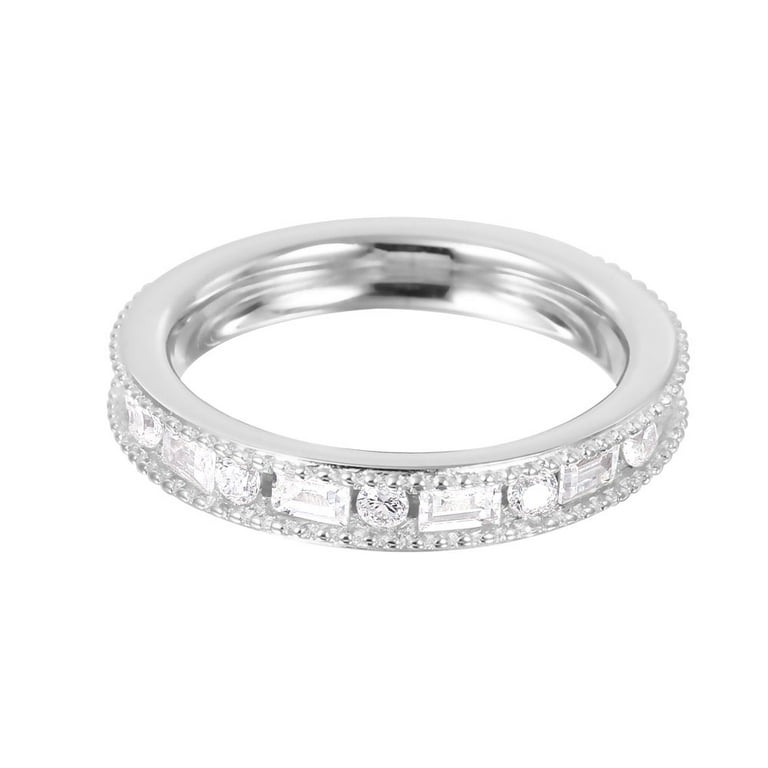 Clear Baguette Round Chanel Set Cubic Zirconia Beaded Edges Eternity Ring  Sterling Silver Size 8