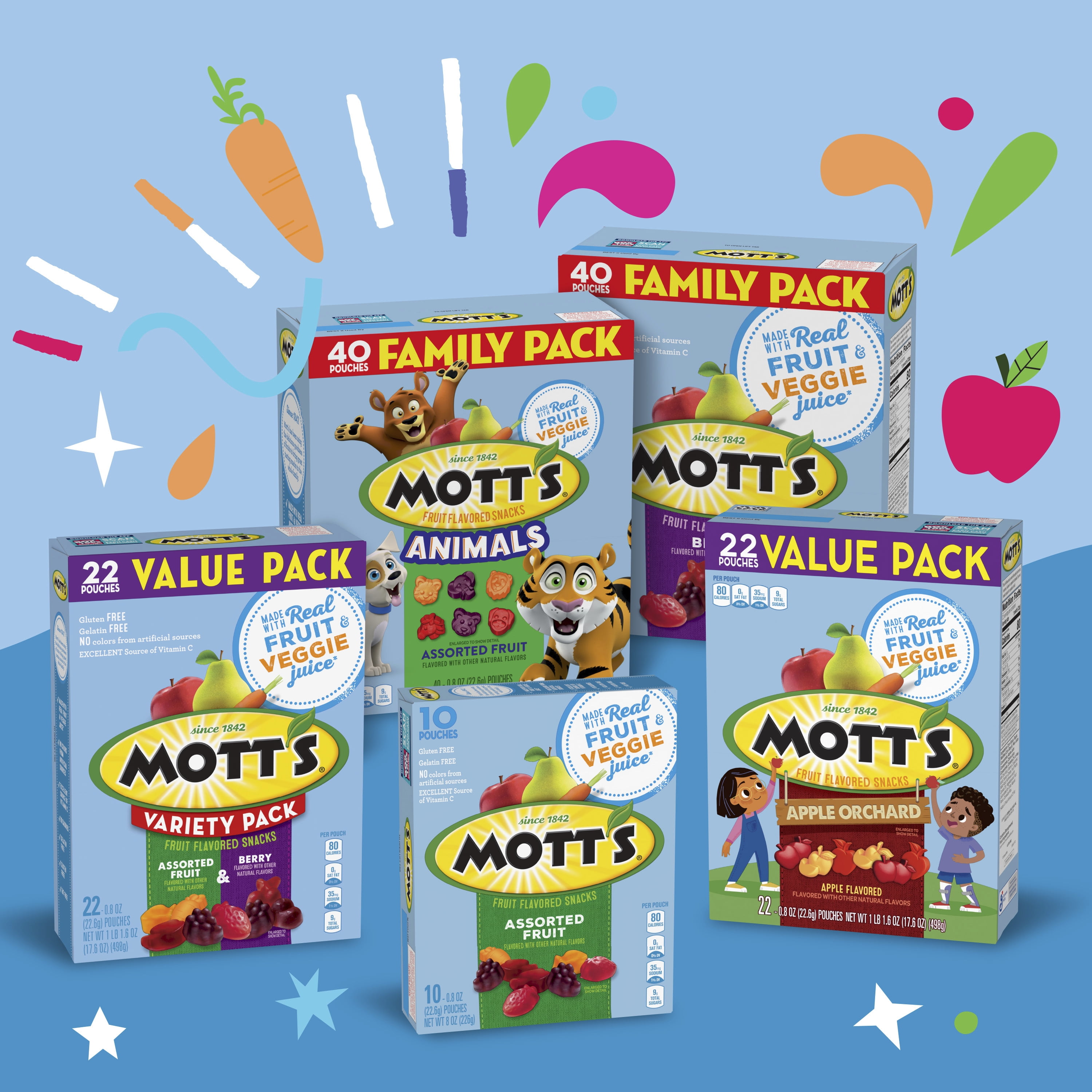 Mott’s Berry & Assorted Fruit Flavored Snacks, Family Pack, 64 oz (80 Pouches)