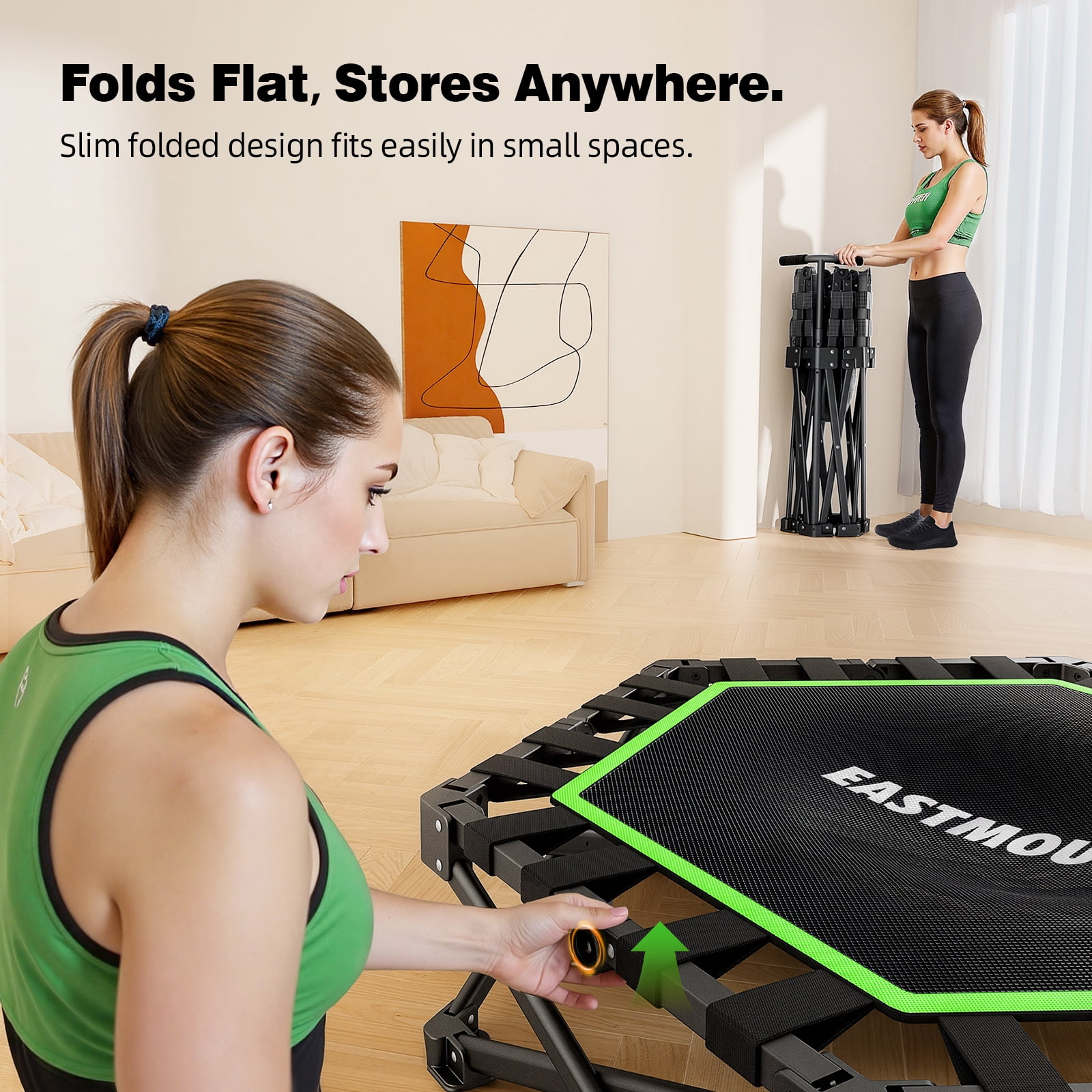 EAST MOUNT 42" Foldable Mini Trampoline for Adults, No Assembly Ultra Quiet Fitness Rebounder with Adjustable Handle, 450LBS Capacity Low Impact Exercise Trampoline for Home Gym Apartment