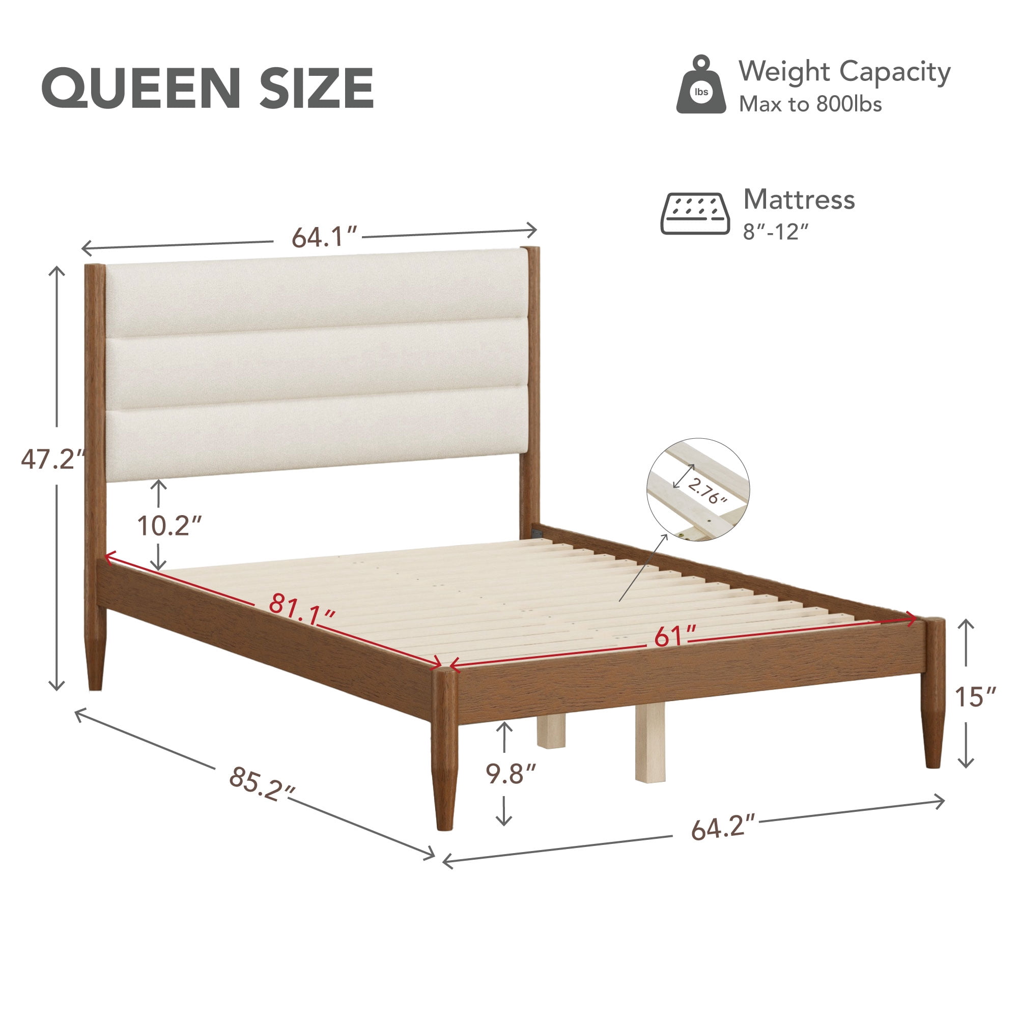 Spruce & Spring Farmhouse Queen Upholstered Bed Frame, Solid Rubberwood Frame, Cream Boucle Headboard, Noise-Free, No Box Spring Required, Walnut & Cream