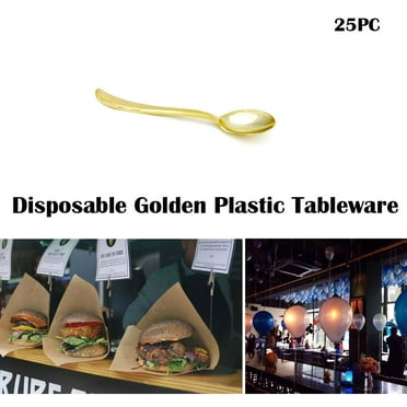 Uclet Tableware Disposable Gold Color Plastic Tableware Cutlery Spoon Fork Set 25PC Hot Party