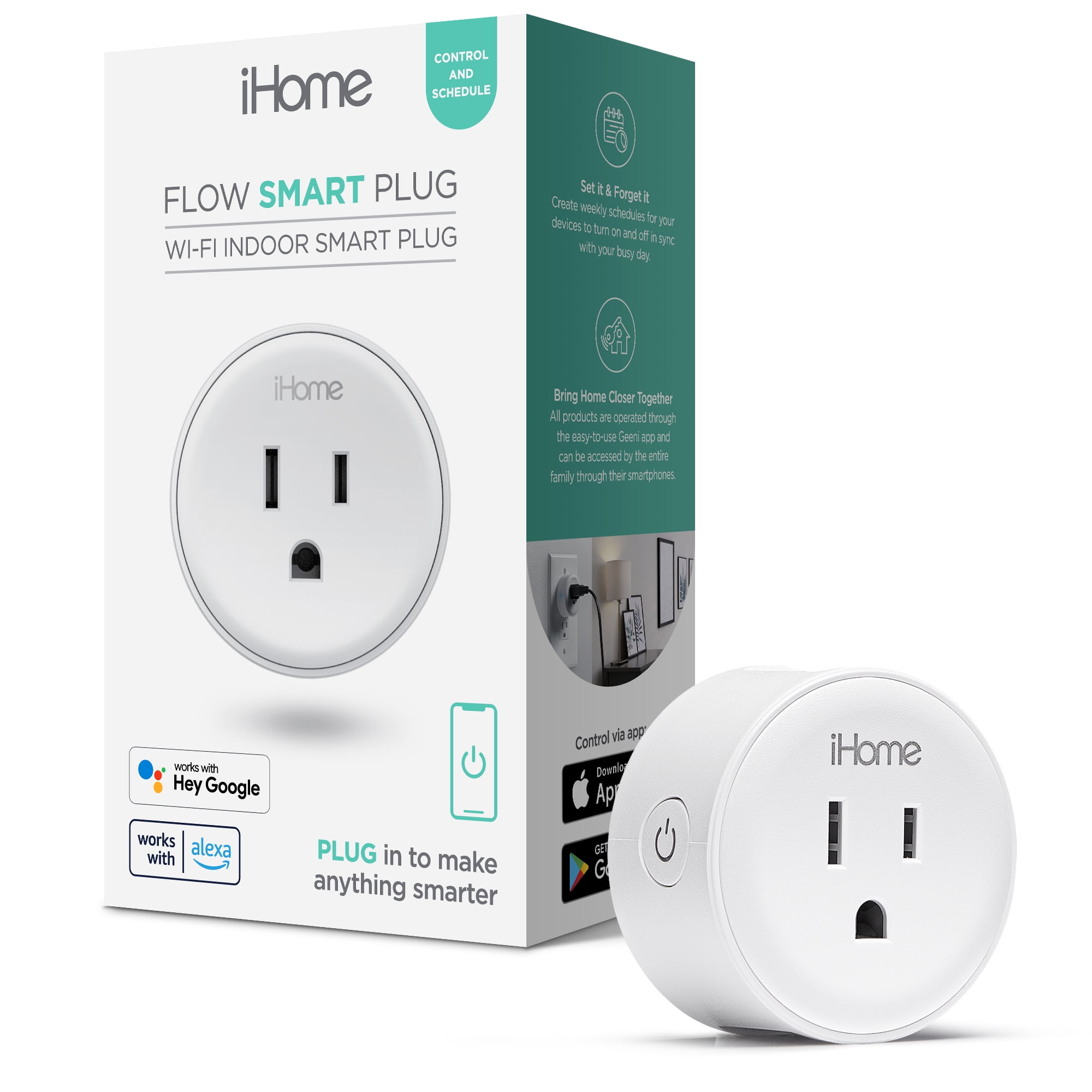 iHome Smart Plug Works with Alexa and Google Home, App Control, 10 Amps - (Single Pack) White