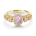 thumbnail image 2 of Gem Stone King 18K Yellow Gold Plated Silver Simulated Pink Opal and White Moissanite Engagement Ring for Women | 0.81 Cttw | Oval Cabochon 7X5MM | Gemstone October Birthstone | Size 9, 2 of 3