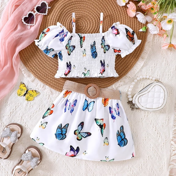 RTKFRFLM Toddler Girls Casual Dresses Summer Tropical Print Vacation Outfit 2025 2 Piece Short Sleeve Top Skirt Set For Beach Easter Birthday Girl Beach Sundress Dresses,Size 2-3 Years