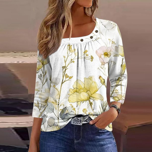 Fiudx Liquidación de Ofertas Flash Blusa de Manga 3/4 a La Moda para Mujer, Camiseta Estampada, Top Informal