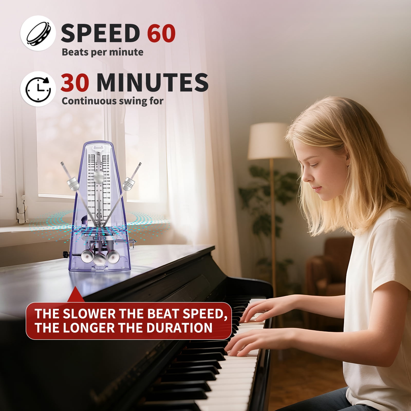 Uxcell Mechanical Metronome, Metronome for Piano, Guitar, & Other Instruments, Loud Sound and High Precision Track Beat for Beginners,Transparent Purple
