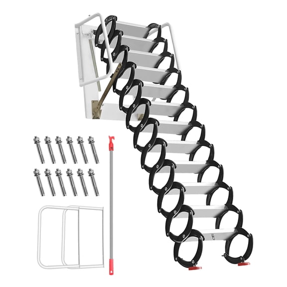 1102LBS Pull Down Attic Stairs, 12 Steps Aluminum-Magnesium Alloy Loft Wall Mounted Stairs, Telescopic Fold Ladder for Attics, Roof Maintenance, Garage Lofts