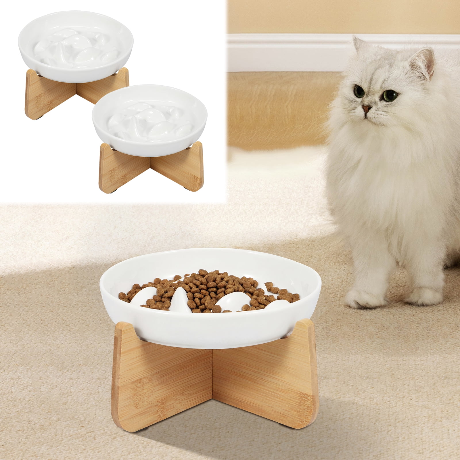 2Pcs Slow Feeder Cat Bowl with Wooden Stand Anti Vomiting and Non Slip Ceramic Raised Pet Food Bowl for Cat and Small Dog