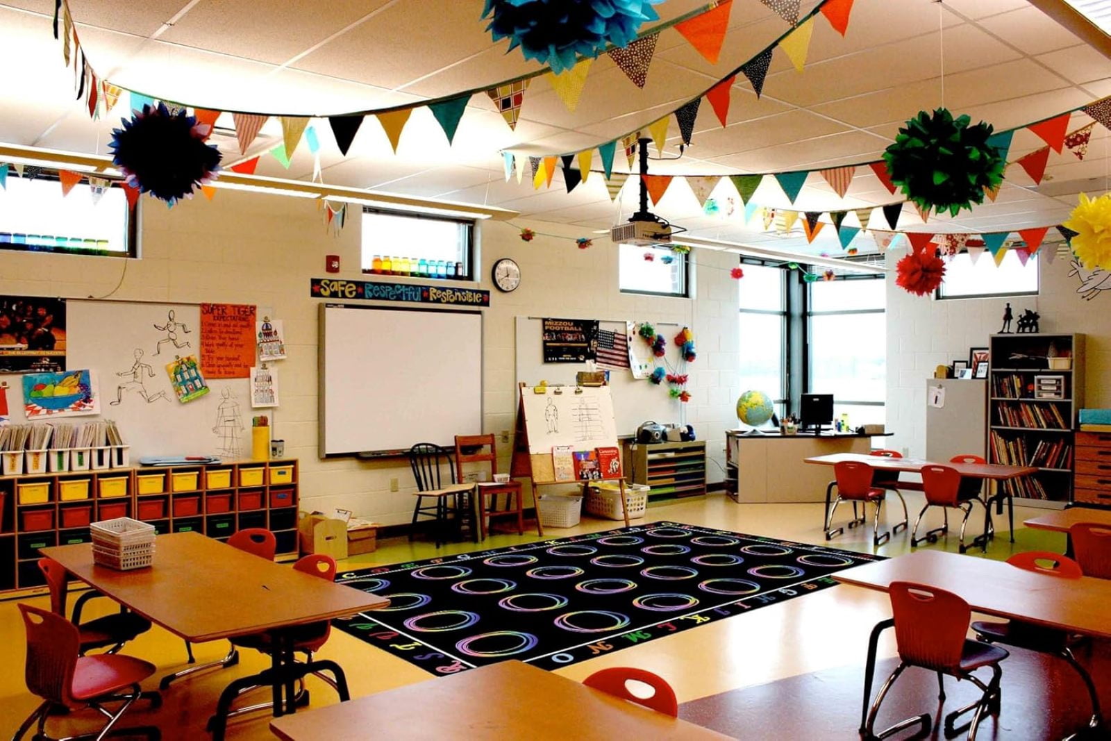 Classroom Rug Black Elementary Preschool Teacher Learning Carpet Seating Rug For Kids Room With Non-Slip Backing, Rainbow Lines-5x6ft