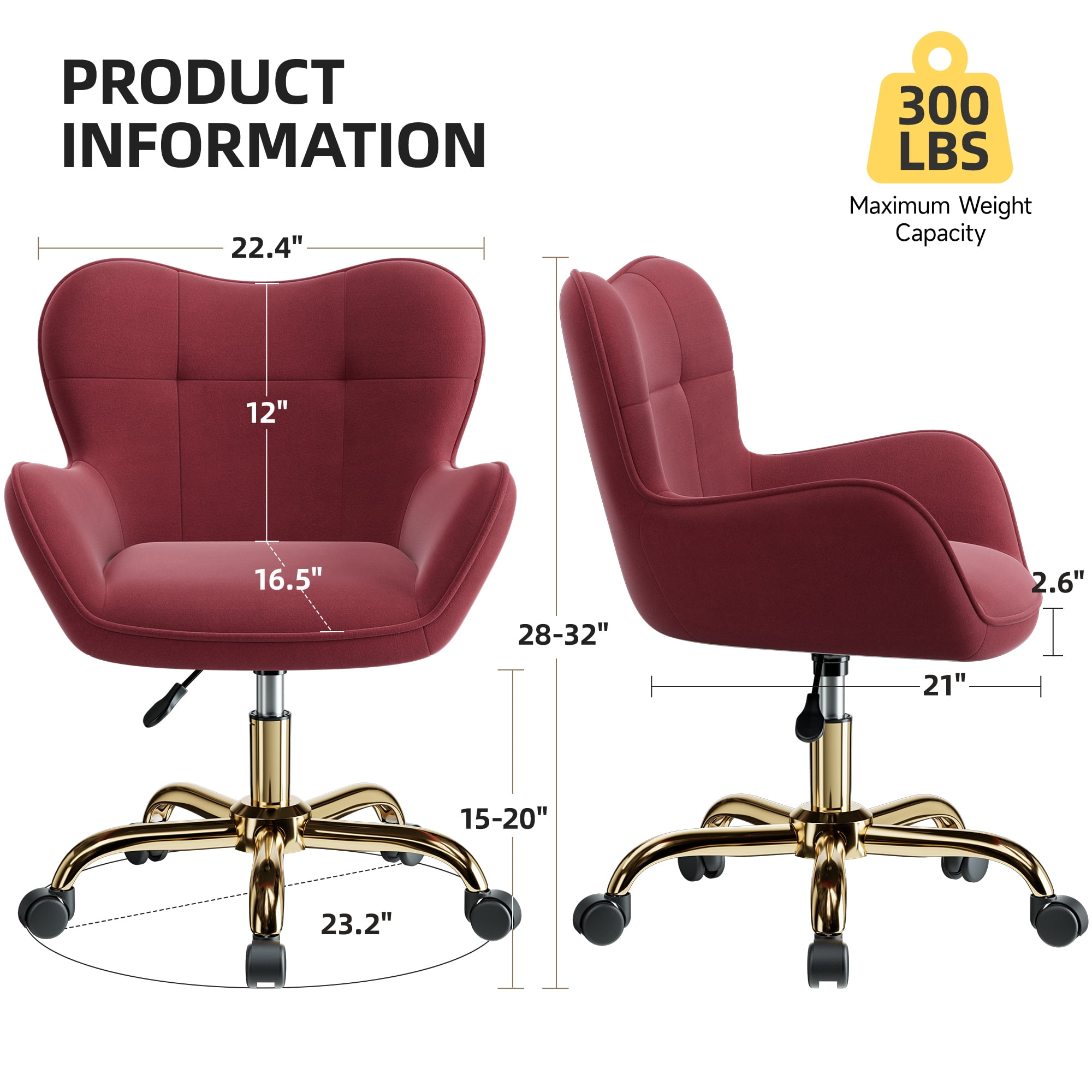COOHUT Velvet Vanity Chair, Mackup Chair with Wheels, Comfy Swivel Modern Leisure Armchair for Girls Women, Small Office Chair Height Adjustable for Living Room, Bedroom, Offic, Rose Red