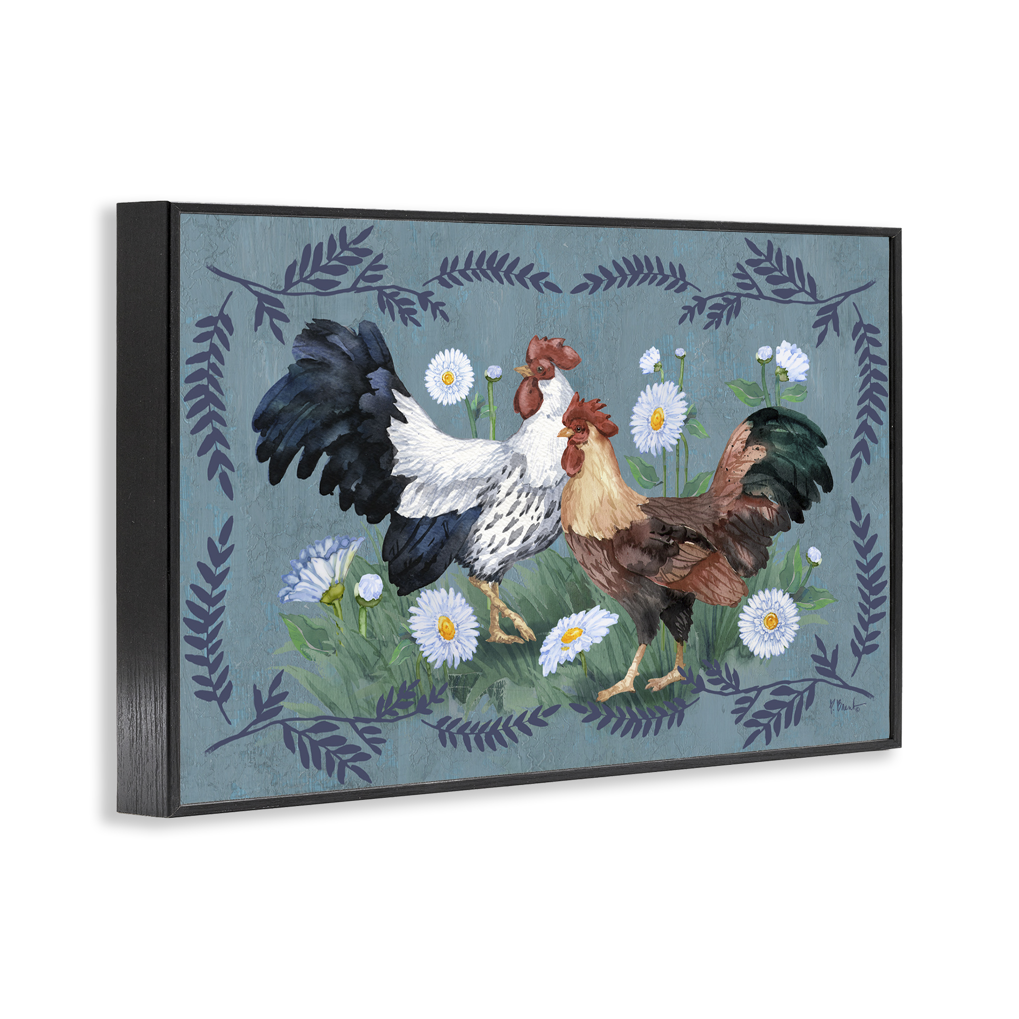 Stupell Industries Roosters with Fern Trim Animals & Insects Painting Black Framed Art Print Wall Art, 24 x 16