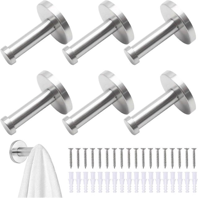6 Pcs Robe Hooks, Bathroom Towel Hook, Screw Coat Hook Brushed Robe Hook Stainless Steel Heavy Duty for Hanger Robe Clothes (Silver)