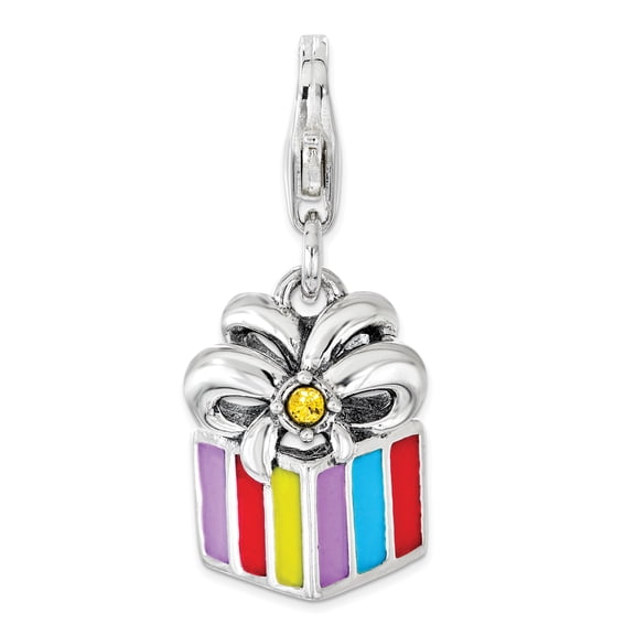 Sterling Silver Amore La Vita Polished Yellow Crystal From Swarovski Enameled Present Charm Pendant with Fancy Lobster Clasp