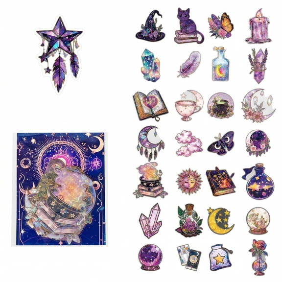 Kicpot 30PCS 3D Witchy Celestial Stickers – Vintage Magic Cold Stamping Iridescent Decals for Journaling & DIY Crafts