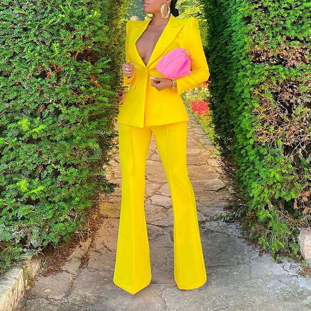 Lounge Sets For Women Clearance Women's Long Sleeve Solid Suit Pants Casual  Elegant Business Suit Sets Yellow S JE 