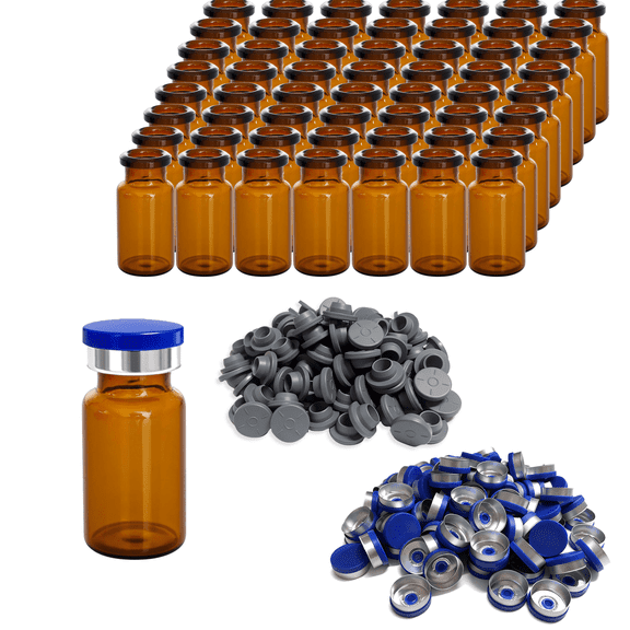 10ml Glass Vials, 100 Pcs Amber Glass Headspace Vial with Plastic-Aluminum Flip Caps and Rubber Stopper - 20mm Transparent Flat Bottom Lab Vial