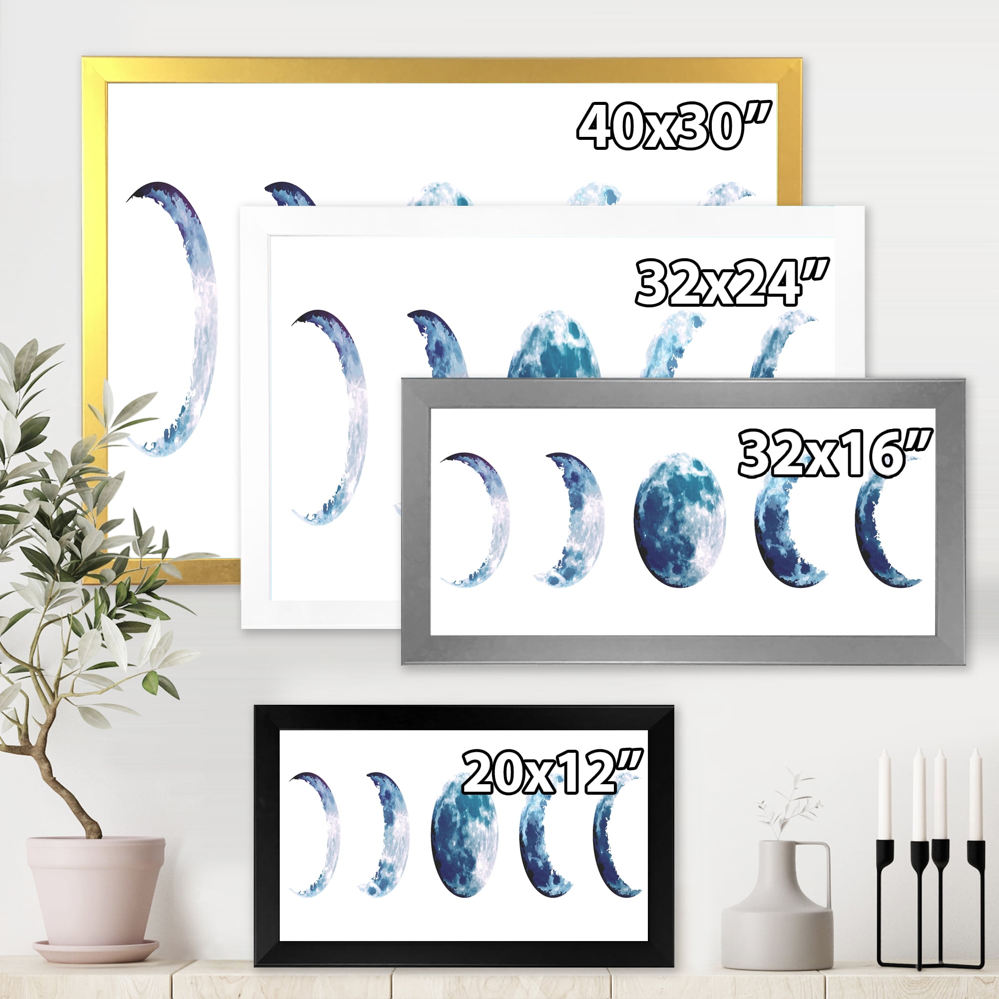 Designart 'Magic Blue Moon Phases On White' Bohemian & Eclectic Framed Art Print