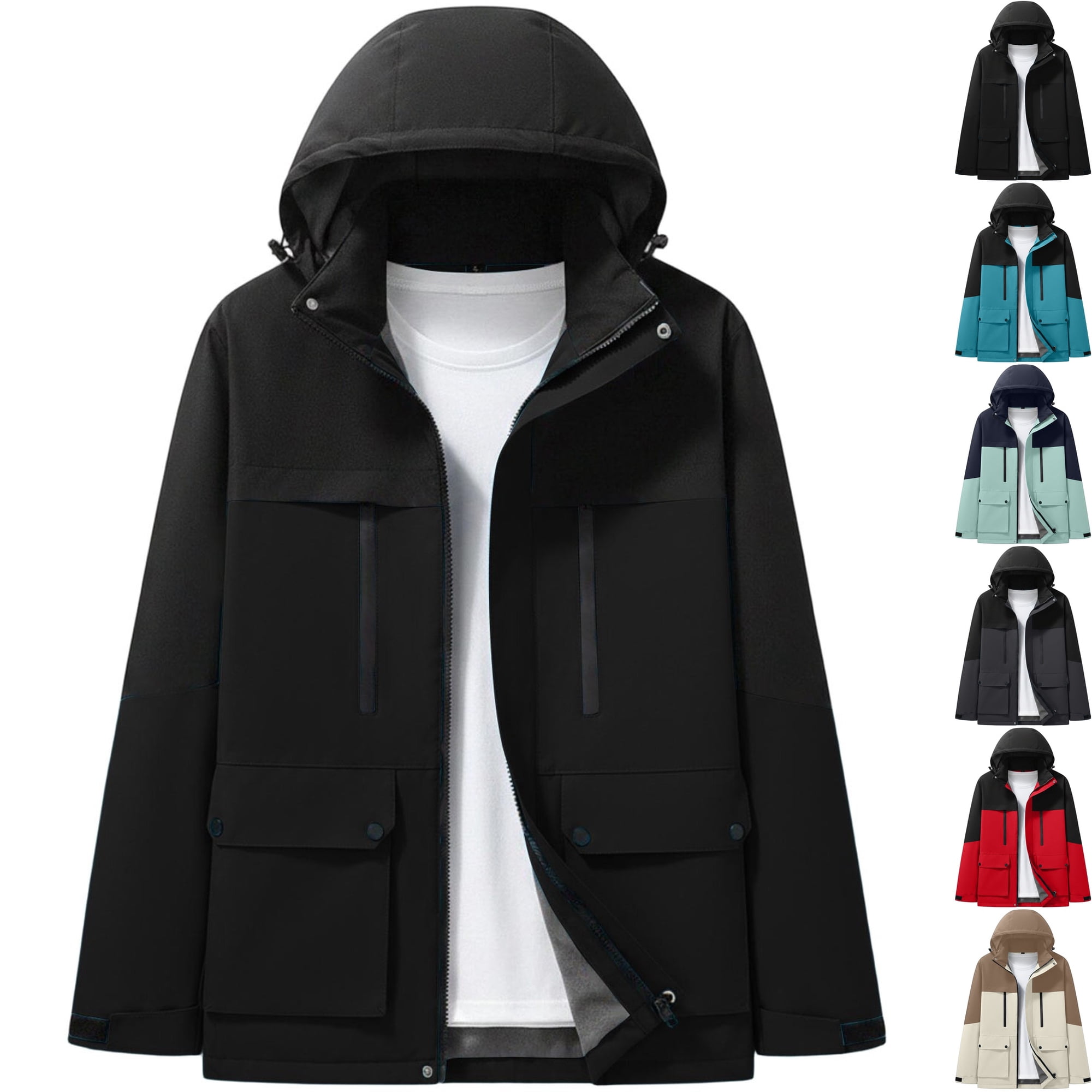 Men s Waterproof Windbreaker with Detachable Hood Color Block Windproof Rain Jacket Active Shell Coat with Multi Pockets for Hiking Travel Outdoor Black XL