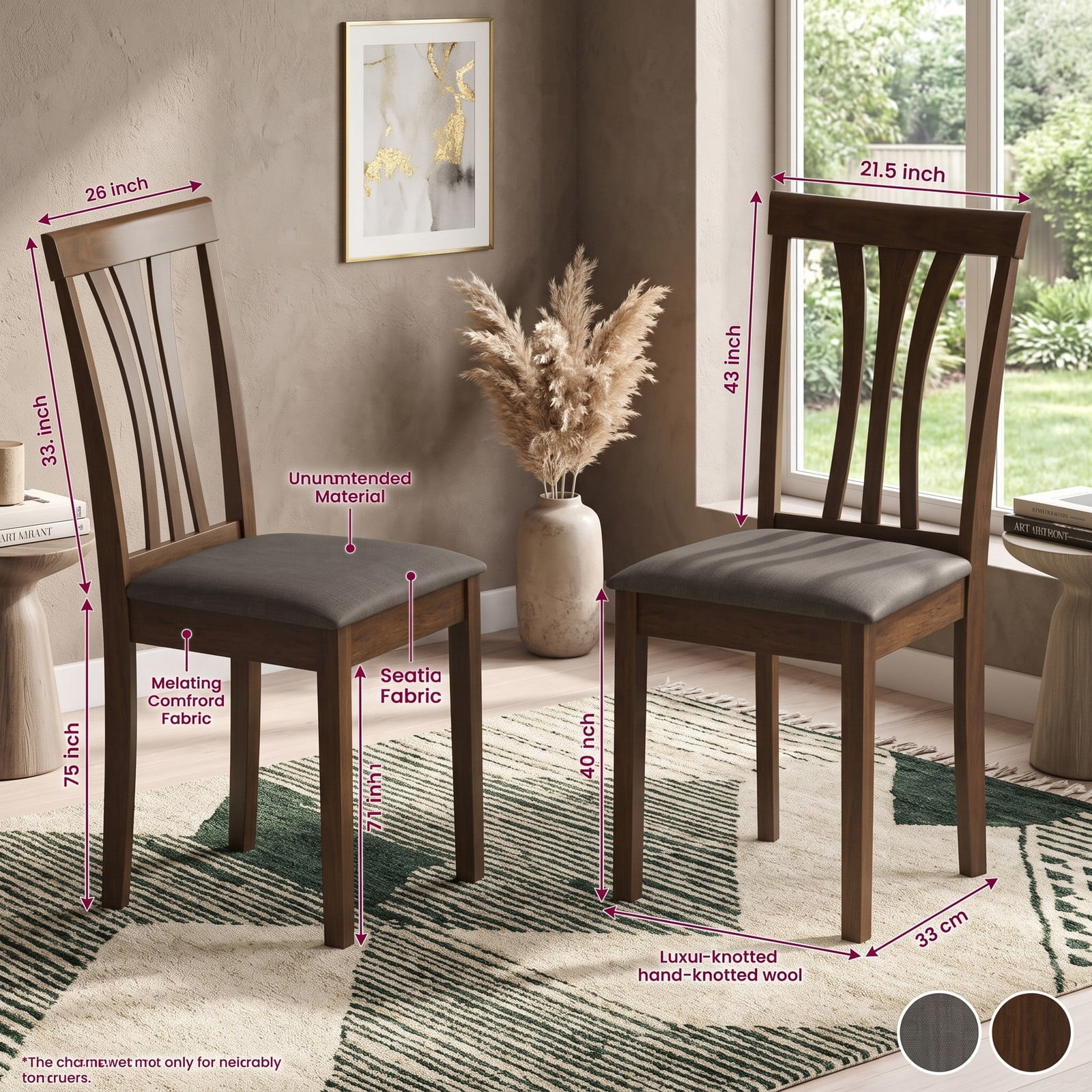Furnibear Wooden Dining Chairs Set of 2, Linen Fabric Upholstered Kitchen Side Chairs with Rubber Wood Frame, Ergonomic Slatted Backrest, Padded Seat for Dining, Brown