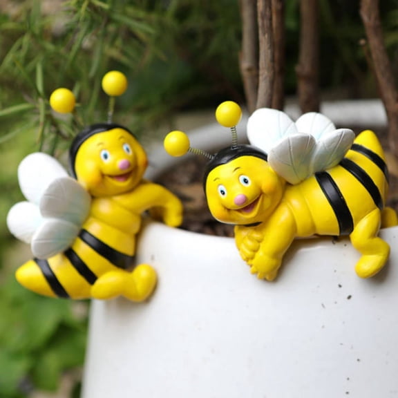 2Pcs Garden Bee Figurines, Hanging Pot Bee Decor, Weatherproof Resin Bee Ornaments, Spring Outdoor Patio Garden Decoration for Home Backyard
