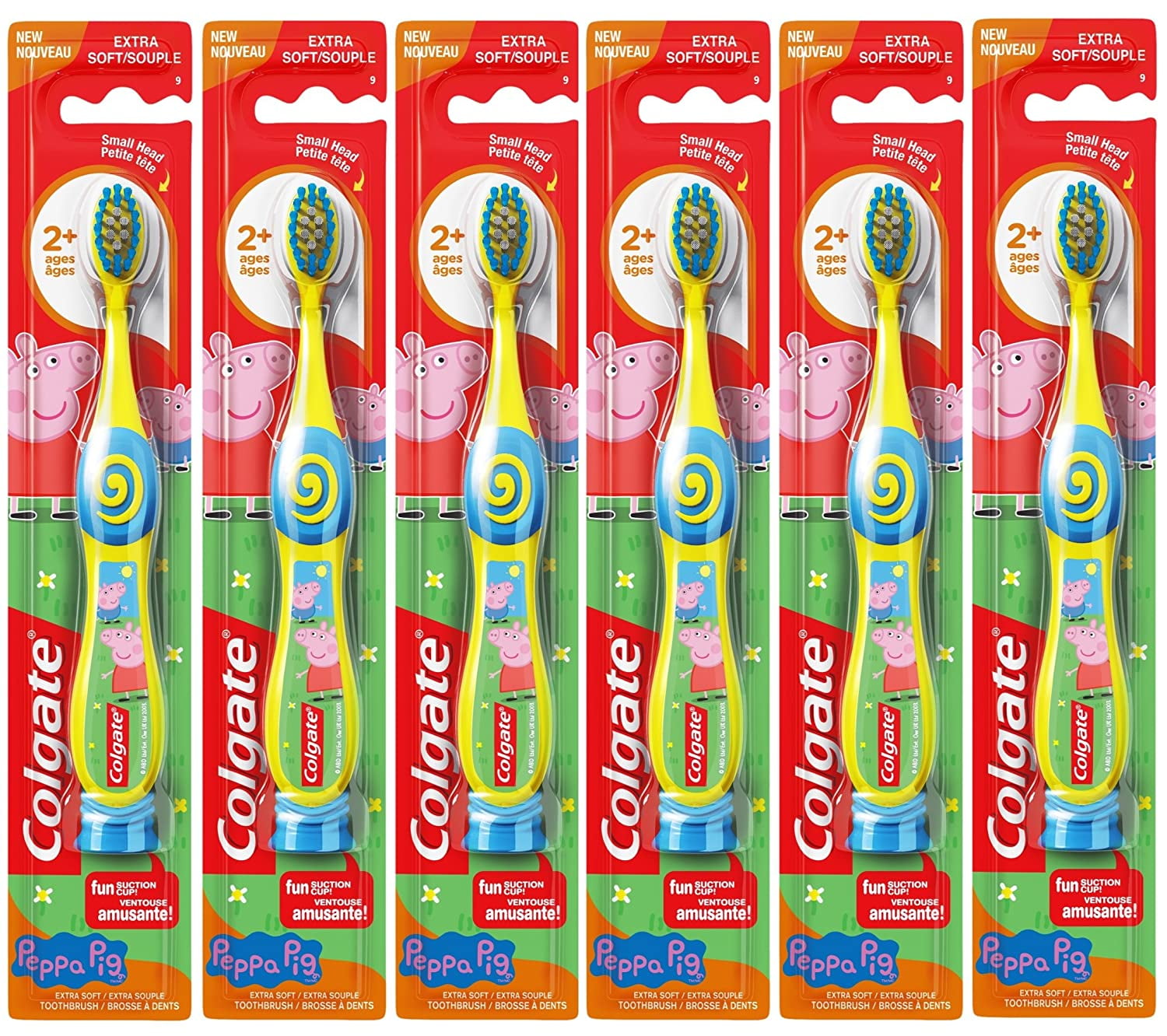 Colgate Peppa Pig Kids Manual Toothbrush with Suction Cup for Little Children Ages 2+, Extra Soft - Pack of 6 (color may vary)